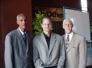 Mark with Endale, the ABC principal and Steve Pennington, Ethiopia Field Moderator while on six month assignment to the Bible school in 2002.